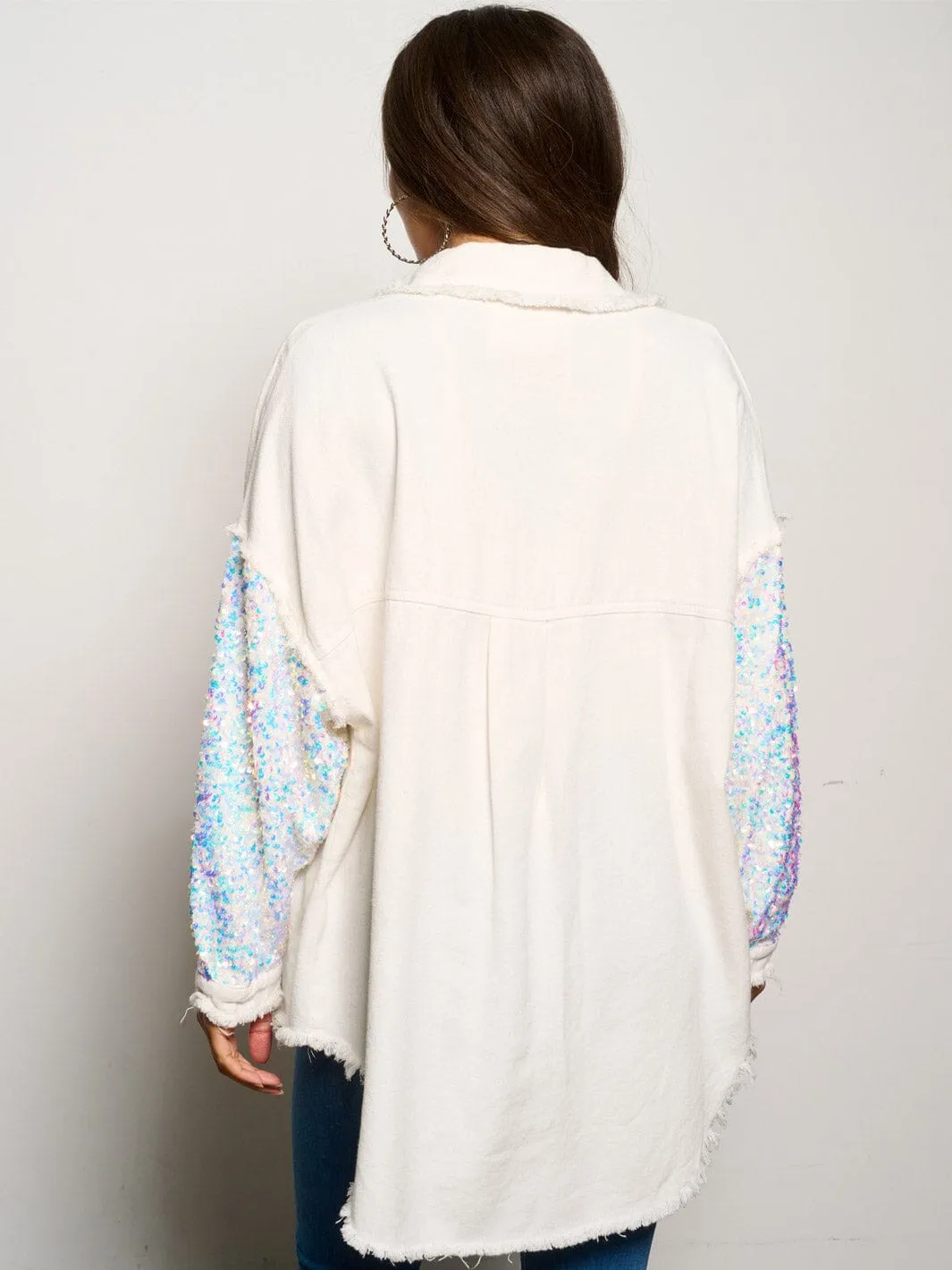 WOMEN'S LONG SLEEVE BUTTON CLOSURE SEQUINS POCKETS DENIM JACKET