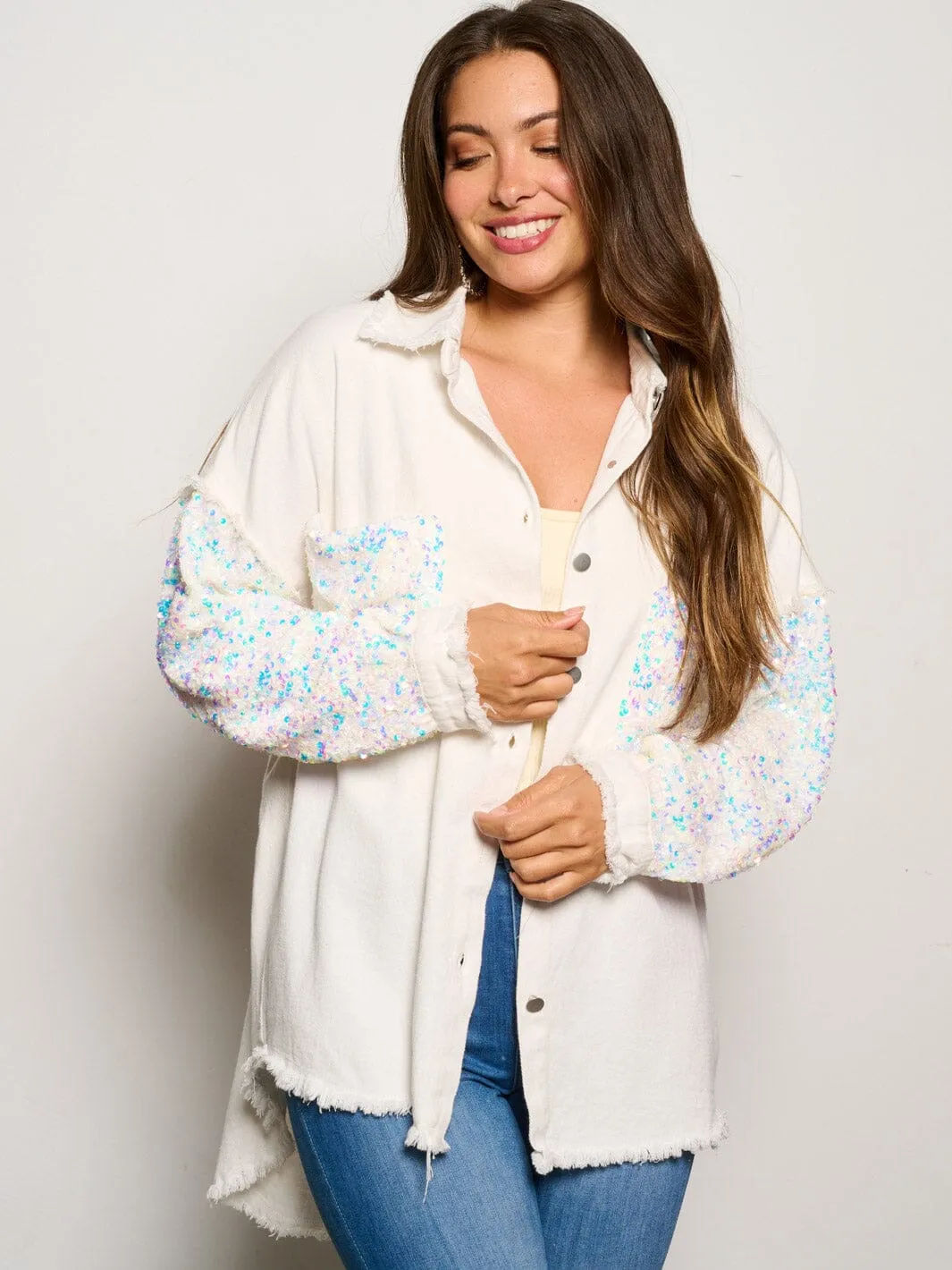 WOMEN'S LONG SLEEVE BUTTON CLOSURE SEQUINS POCKETS DENIM JACKET
